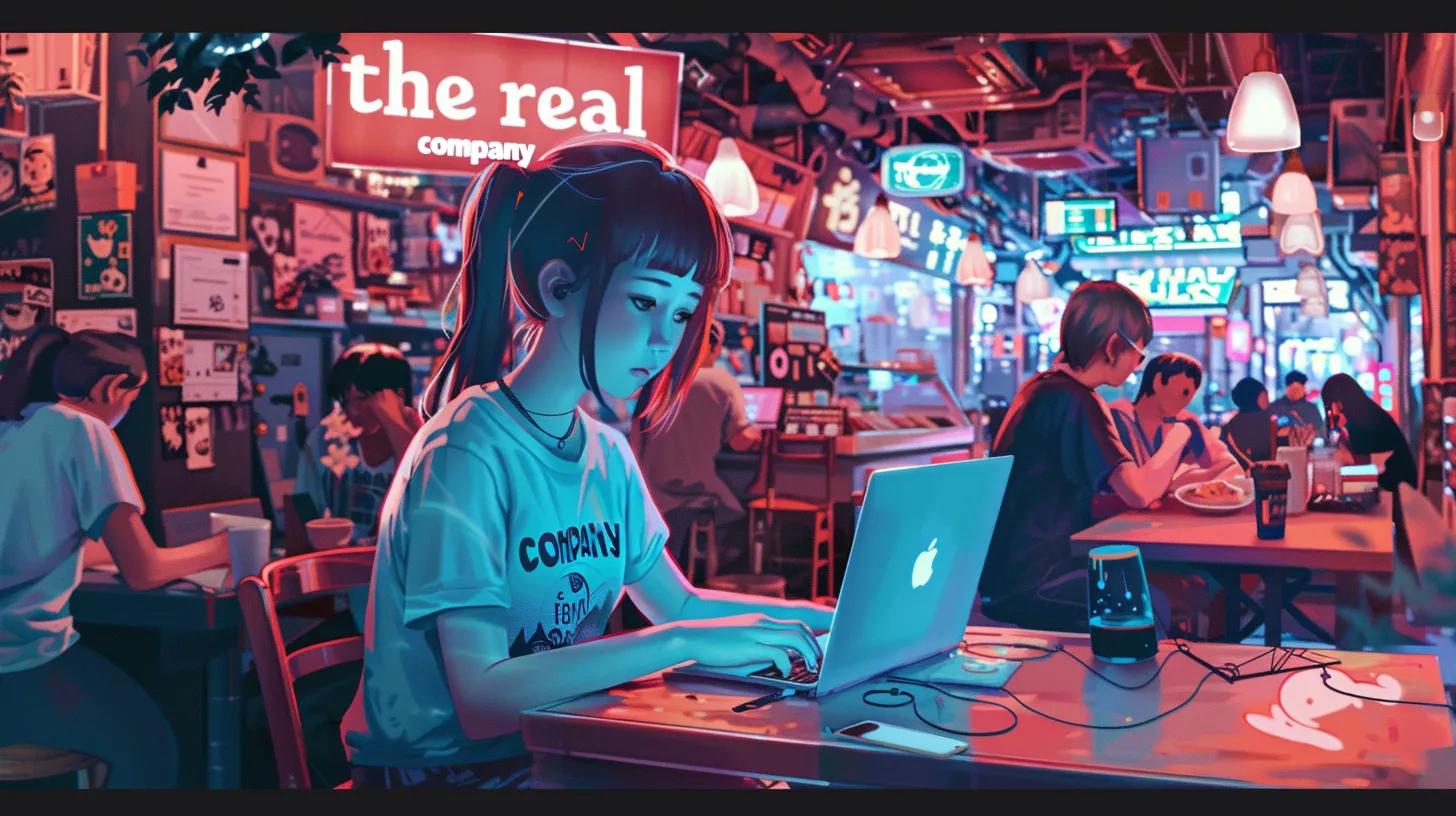 a vibrant anime-style scene inside a bustling coffee shop, featuring a focused girl in a dynamic pose, intently working on her laptop while wearing a t-shirt that reads - The Real Social Company - Social Media Managment - Web Design a vibrant anime-style scene inside a bustling coffee shop, featuring a focused girl in a dynamic pose, intently working on her laptop while wearing a t-shirt that reads