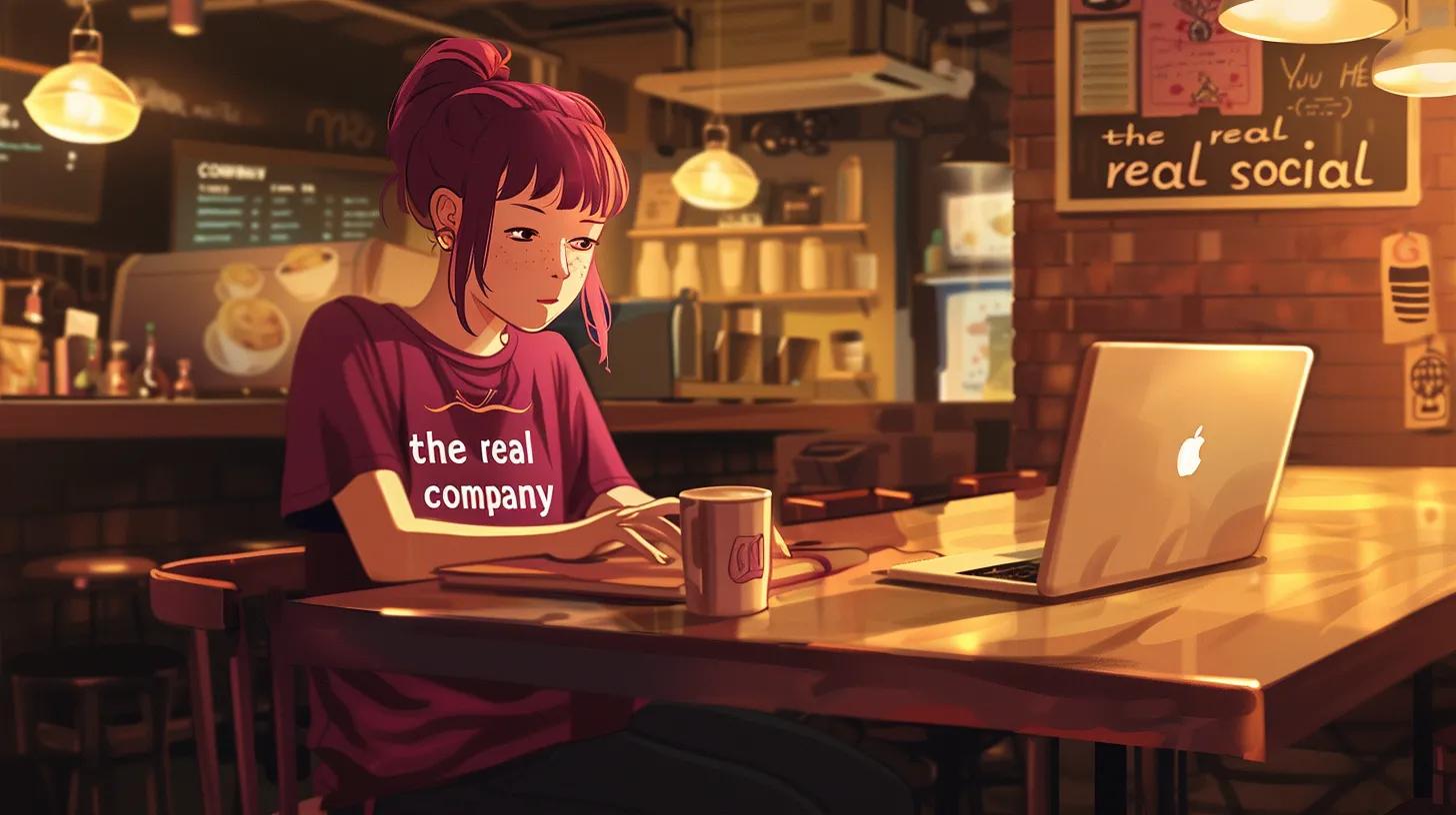 a vibrant anime-style scene of a focused girl in a modern coffee shop, intently working on a sleek laptop adorned with a - The Real Social Company - Social Media Managment - Web Design a vibrant anime-style scene of a focused girl in a modern coffee shop, intently working on a sleek laptop adorned with a