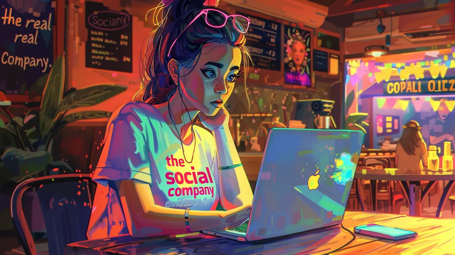 a vibrant anime-style illustration of a young woman in a bustling coffee shop, intently working on her laptop, with her t-shirt emblazoned with - The Real Social Company - Social Media Managment - Web Design a vibrant anime-style illustration of a young woman in a bustling coffee shop, intently working on her laptop, with her t-shirt emblazoned with