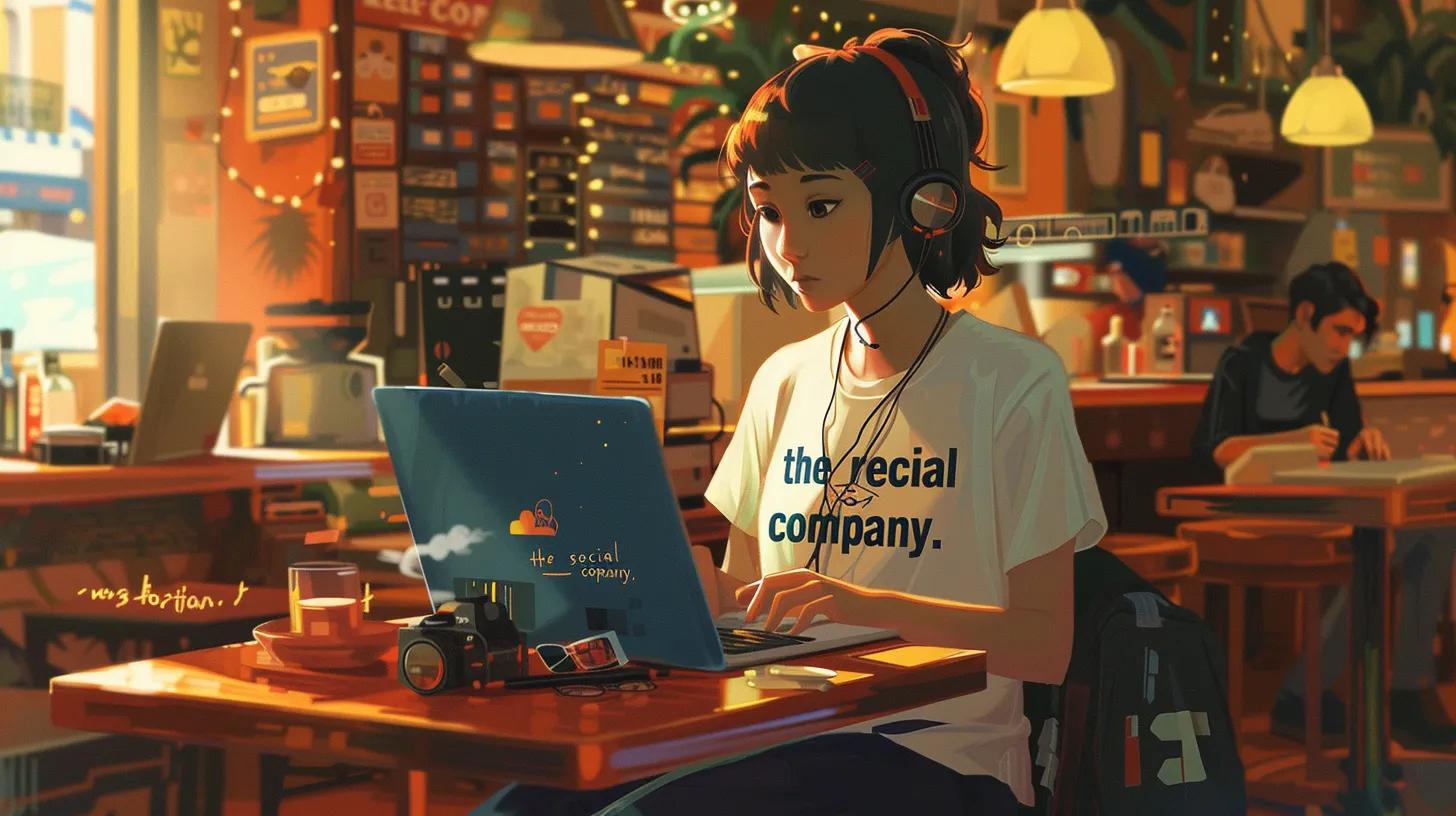 a vibrant anime-style image depicts a focused girl in a bustling coffee shop, intently working on her laptop adorned with a sleek design, while her t-shirt boldly displays - The Real Social Company - Social Media Managment - Web Design a vibrant anime-style image depicts a focused girl in a bustling coffee shop, intently working on her laptop adorned with a sleek design, while her t-shirt boldly displays