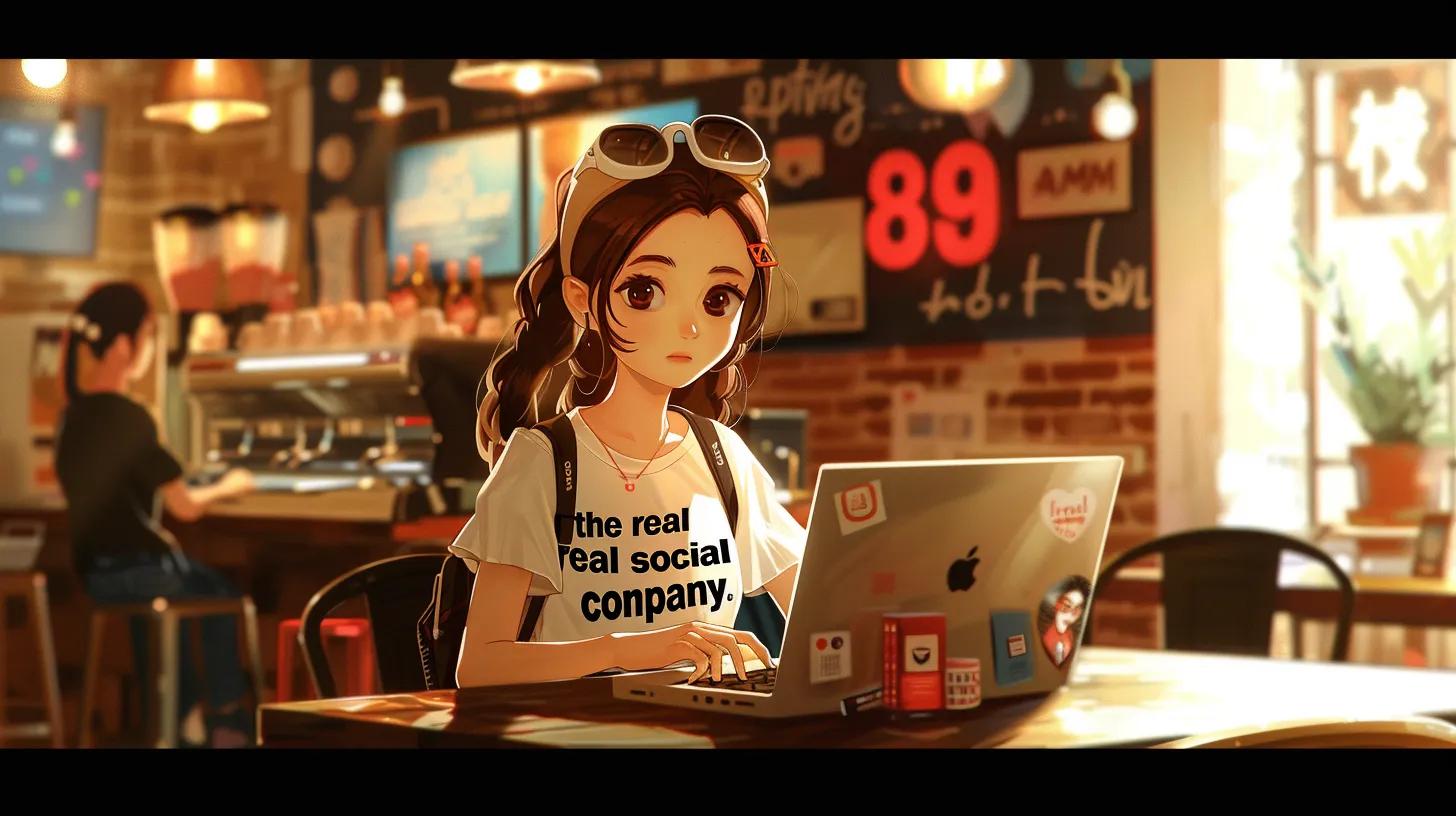 a vibrant anime-style scene in a trendy coffee shop features a focused girl working intently on her laptop, adorned in a t-shirt that reads - The Real Social Company - Social Media Managment - Web Design a vibrant anime-style scene in a trendy coffee shop features a focused girl working intently on her laptop, adorned in a t-shirt that reads