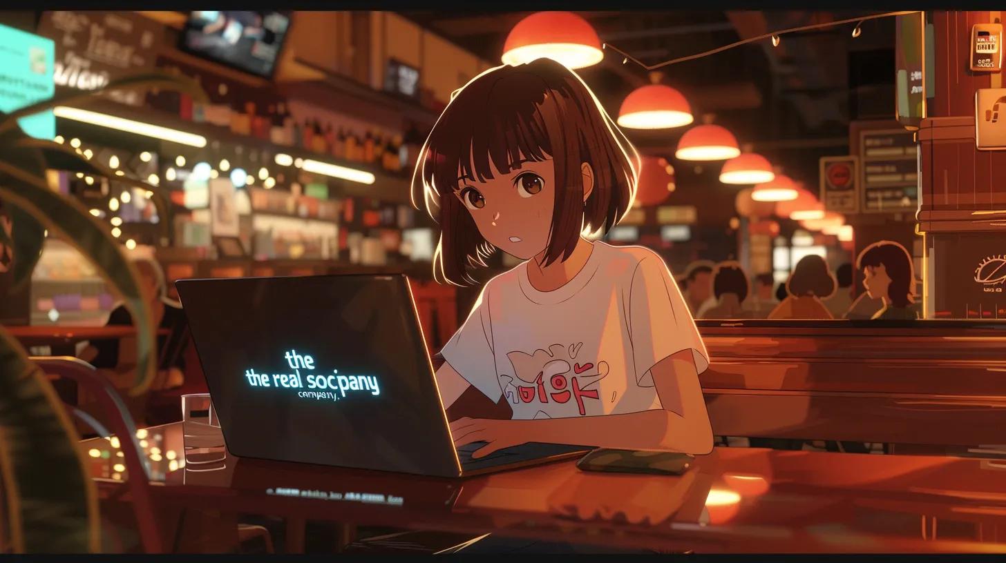 a vibrant anime-style scene of a focused girl in a trendy coffee shop, intently working on a laptop adorned with her t-shirt reading - The Real Social Company - Social Media Managment - Web Design a vibrant anime-style scene of a focused girl in a trendy coffee shop, intently working on a laptop adorned with her t-shirt reading