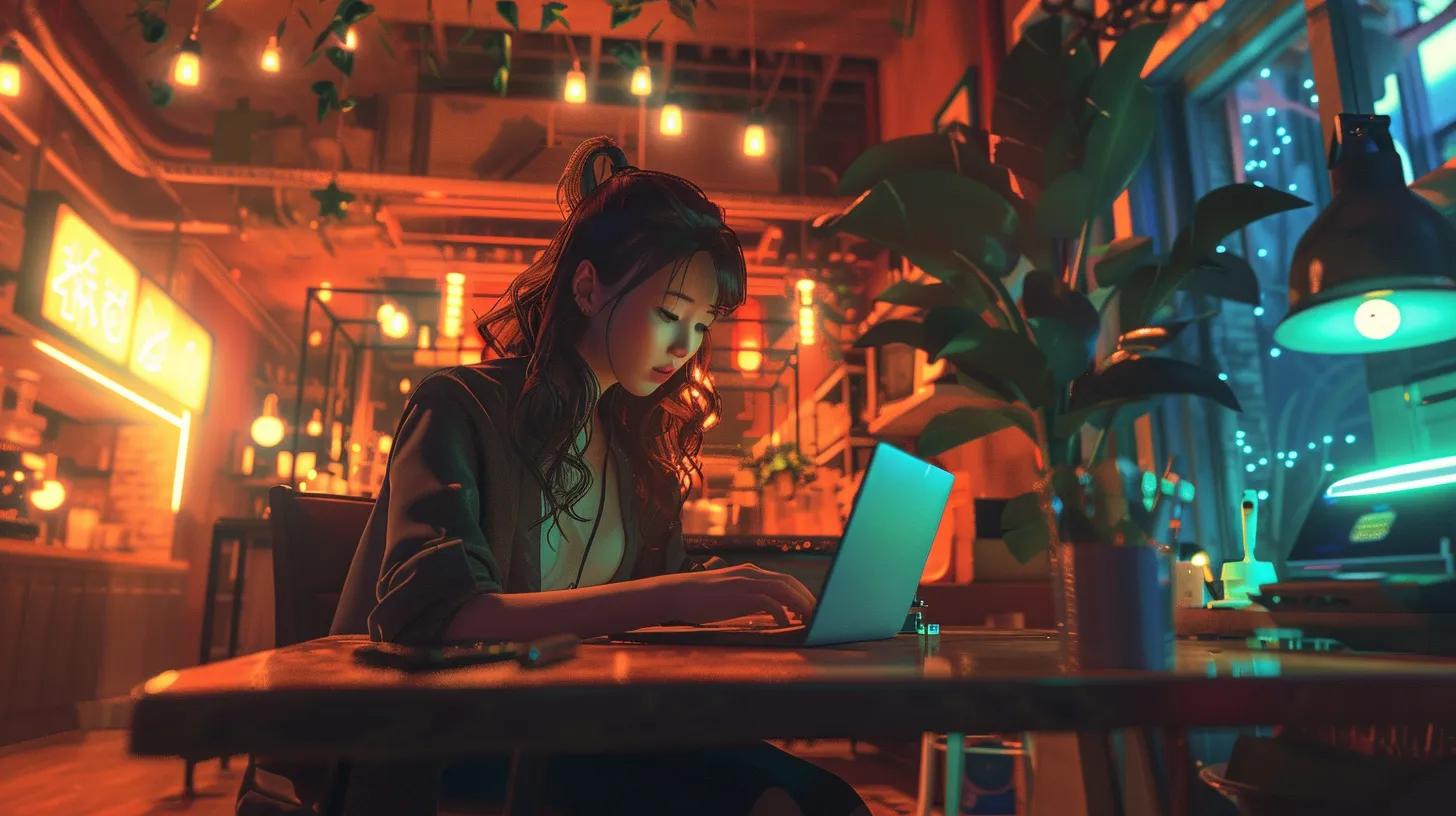 a vibrant anime-style scene of a focused girl in a chic coffee shop, immersed in her work on a laptop, surrounded by warm lighting and contemporary decor, reflecting the theme of user experience in web design. - The Real Social Company - Social Media Managment - Web Design a vibrant anime-style scene of a focused girl in a chic coffee shop, immersed in her work on a laptop, surrounded by warm lighting and contemporary decor, reflecting the theme of user experience in web design.