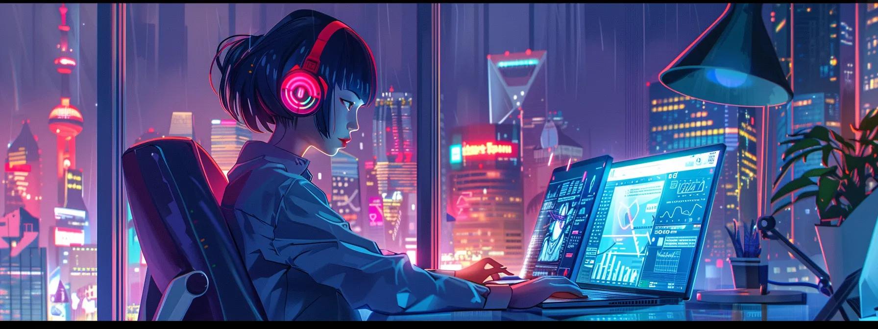 a vibrant anime-style illustration of a focused female character at a sleek, modern desk, intently working on a laptop displaying social media analytics and design, with a dynamic urban backdrop that highlights her tech-savvy and creative environment. - The Real Social Company - Columbus Web Design, SEO, Social a vibrant anime-style illustration of a focused female character at a sleek, modern desk, intently working on a laptop displaying social media analytics and design, with a dynamic urban backdrop that highlights her tech-savvy and creative environment.