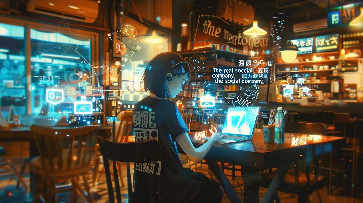 a vibrant anime-style interior of a coffee shop captures a focused girl working intently on her laptop, her t-shirt boldly displaying - The Real Social Company - Social Media Managment - Web Design a vibrant anime-style interior of a coffee shop captures a focused girl working intently on her laptop, her t-shirt boldly displaying