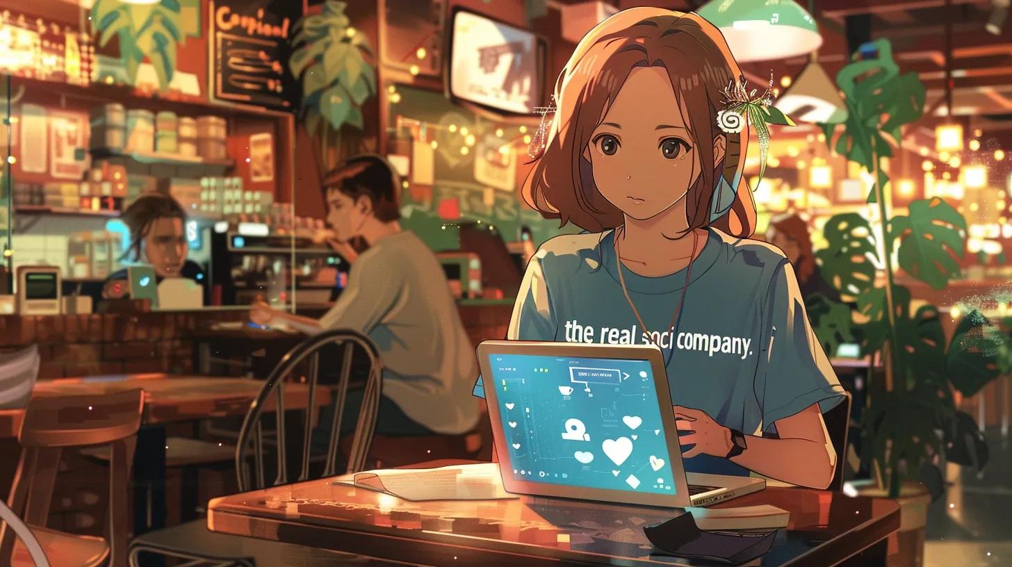 a vibrant anime-style scene captures a young woman in a bustling coffee shop, intently working on her laptop, wearing a t-shirt emblazoned with - The Real Social Company - Social Media Managment - Web Design a vibrant anime-style scene captures a young woman in a bustling coffee shop, intently working on her laptop, wearing a t-shirt emblazoned with