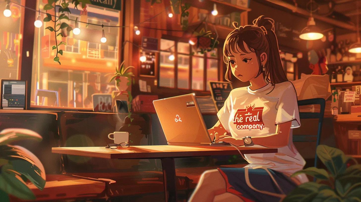 a vibrant anime-style scene of a focused girl in a cozy coffee shop, immersed in her laptop work, with her t-shirt boldly displaying 