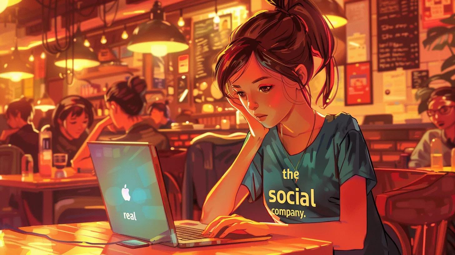 a vibrant anime-style scene depicting a young woman in a bustling coffee shop, intently working on her laptop, while her t-shirt boldly states - The Real Social Company - Social Media Managment - Web Design a vibrant anime-style scene depicting a young woman in a bustling coffee shop, intently working on her laptop, while her t-shirt boldly states