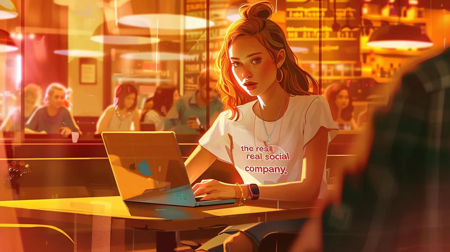 a vibrant anime-style illustration of a young woman in a bustling coffee shop, intently working on her laptop, surrounded by engaging conversation, with her t-shirt boldly displaying - The Real Social Company - Social Media Managment - Web Design a vibrant anime-style illustration of a young woman in a bustling coffee shop, intently working on her laptop, surrounded by engaging conversation, with her t-shirt boldly displaying