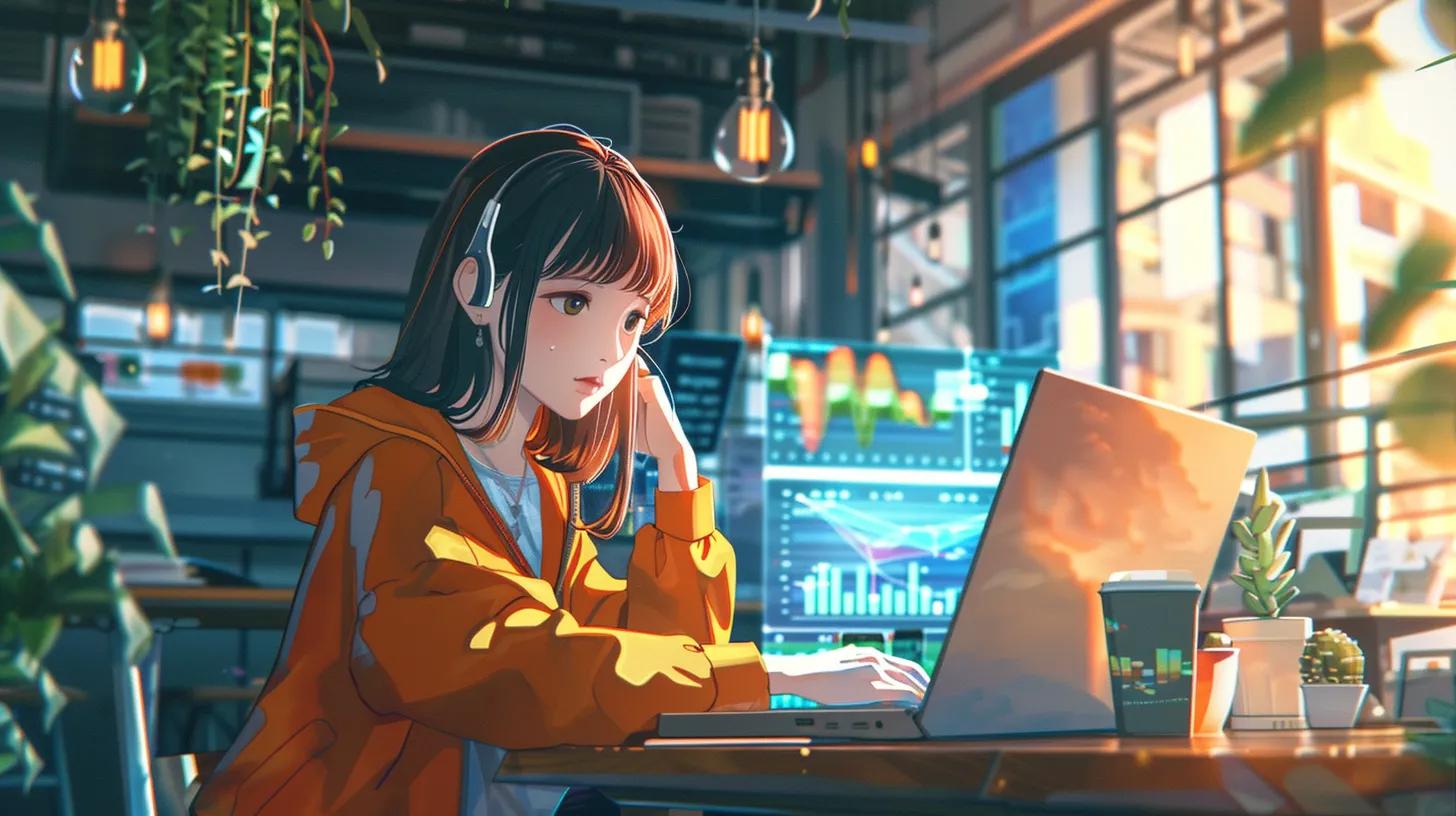 a vibrant anime-style girl sits confidently in a modern coffee shop, intently focused on her laptop, surrounded by digital marketing graphs and charts, embodying the impactful results of affordable seo web design for small businesses. - The Real Social Company - Social Media Managment - Web Design a vibrant anime-style girl sits confidently in a modern coffee shop, intently focused on her laptop, surrounded by digital marketing graphs and charts, embodying the impactful results of affordable seo web design for small businesses.
