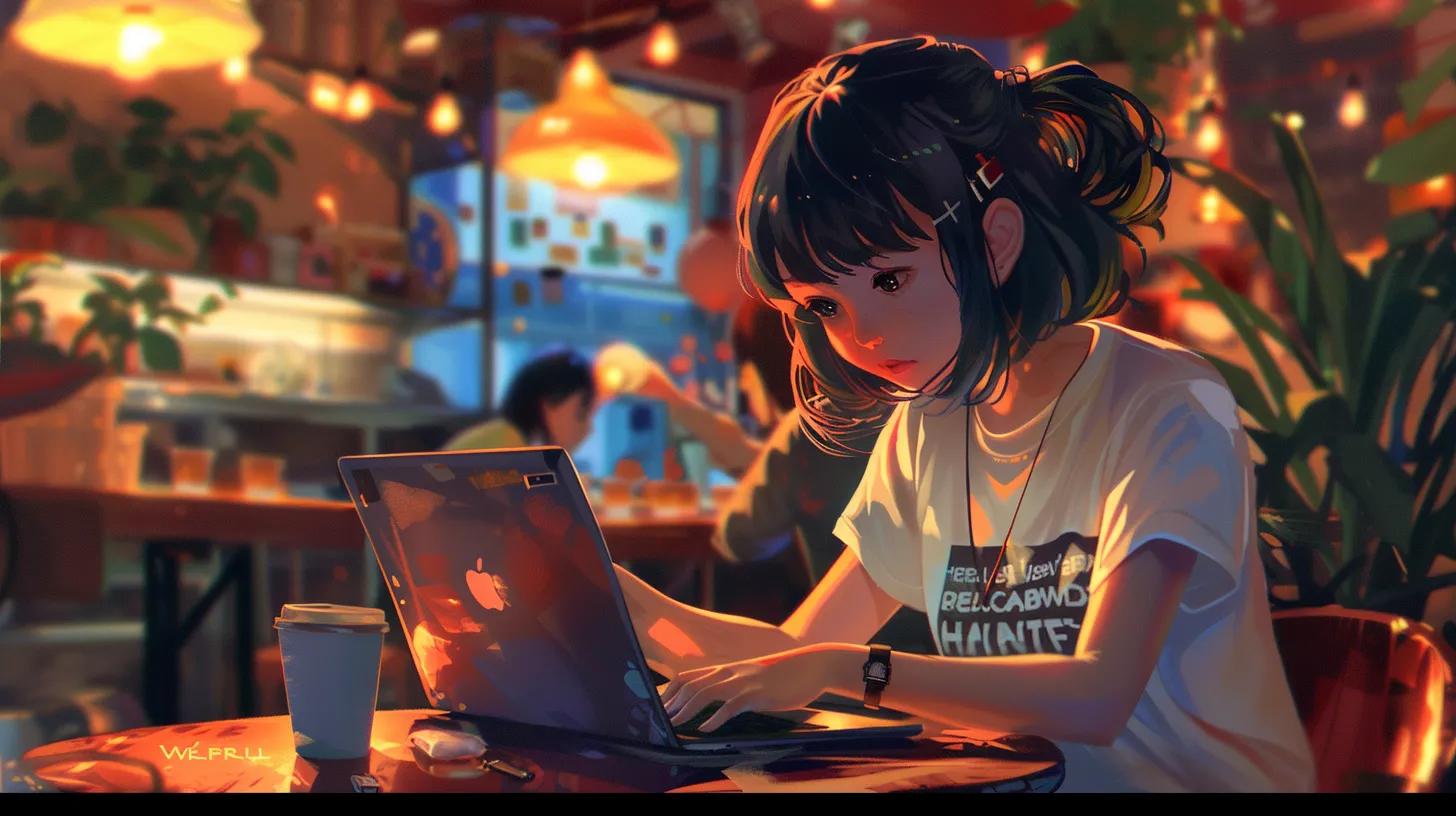 a vibrant anime-style scene depicts a focused girl in a cozy coffee shop, immersed in her laptop work, embodying the energy of social media management as her t-shirt boldly states 