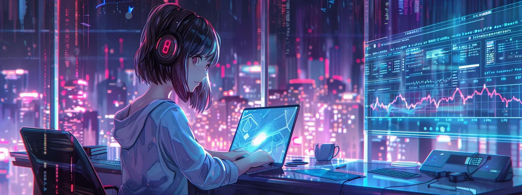 a vibrant anime-style scene features a focused female character sitting at a sleek modern desk, engaged in dynamic website design and social media marketing on her laptop, surrounded by digital graphs and statistical data projections that emphasize her successful engagement strategies.