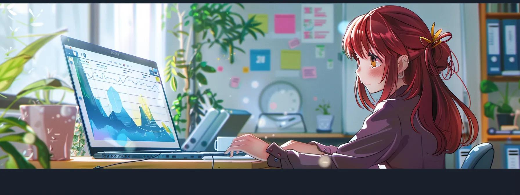 a vibrant anime character sits focused at a sleek modern desk, intently designing engaging website content on her laptop, surrounded by dynamic charts highlighting key performance metrics in a stylish, tech-savvy workspace. - The Real Social Company - Columbus Web Design, SEO, Social a vibrant anime character sits focused at a sleek modern desk, intently designing engaging website content on her laptop, surrounded by dynamic charts highlighting key performance metrics in a stylish, tech-savvy workspace.