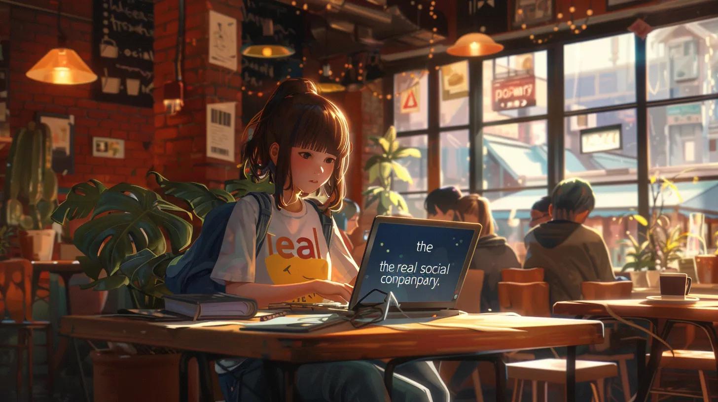 a vibrant anime-style scene in a bustling coffee shop captures a focused girl working intently on her laptop, her t-shirt emblazoned with - The Real Social Company - Social Media Managment - Web Design a vibrant anime-style scene in a bustling coffee shop captures a focused girl working intently on her laptop, her t-shirt emblazoned with
