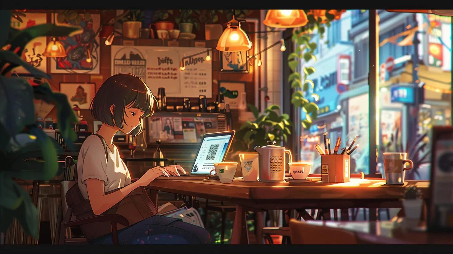 a vibrant anime-style scene depicting a focused girl working on her laptop in a modern coffee shop, surrounded by elements like coffee cups and local artwork, emphasizing a tailored web design's impact on local seo through her relaxed yet engaged demeanor. - The Real Social Company - Social Media Managment - Web Design a vibrant anime-style scene depicting a focused girl working on her laptop in a modern coffee shop, surrounded by elements like coffee cups and local artwork, emphasizing a tailored web design's impact on local seo through her relaxed yet engaged demeanor.