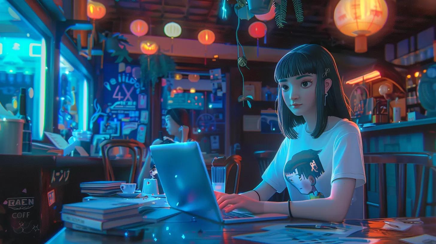 a vibrant anime-style scene depicting a young woman in a stylish coffee shop, intently working on her laptop, surrounded by modern decor that reflects the innovative spirit of headless commerce, while wearing a t-shirt emblazoned with - The Real Social Company - Columbus Web Design, SEO, Social a vibrant anime-style scene depicting a young woman in a stylish coffee shop, intently working on her laptop, surrounded by modern decor that reflects the innovative spirit of headless commerce, while wearing a t-shirt emblazoned with
