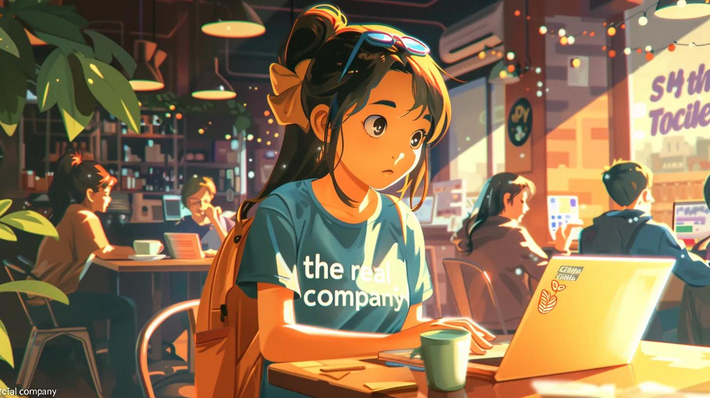 a vibrant anime-style scene depicts a focused girl in a cozy coffee shop, intently working on her laptop with a quirky - The Real Social Company - Columbus Web Design, SEO, Social a vibrant anime-style scene depicts a focused girl in a cozy coffee shop, intently working on her laptop with a quirky