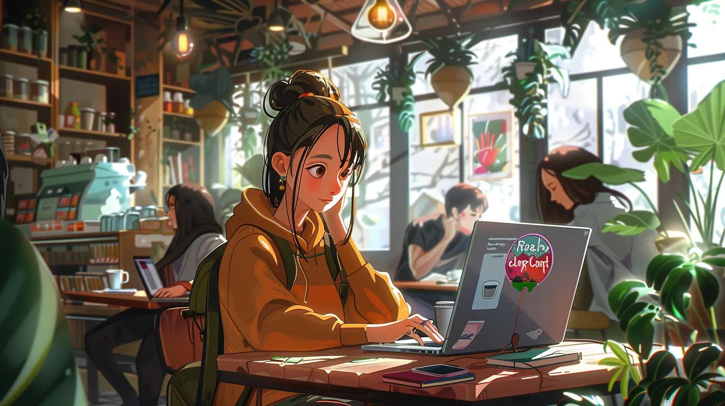 a vibrant, anime-style illustration of a focused girl in a trendy coffee shop, intently working on her laptop adorned with a colorful sticker that reads 'the real social company,' surrounded by modern decor and fellow patrons immersed in their own digital tasks. - The Real Social Company - Columbus Web Design, SEO, Social a vibrant, anime-style illustration of a focused girl in a trendy coffee shop, intently working on her laptop adorned with a colorful sticker that reads 'the real social company,' surrounded by modern decor and fellow patrons immersed in their own digital tasks.