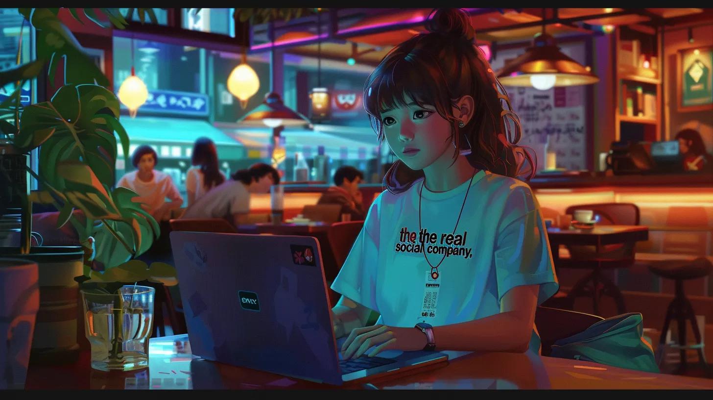 a vibrant anime-style scene depicts a focused girl in a cozy coffee shop, immersed in her laptop work, with her t-shirt proudly displaying - The Real Social Company - Social Media Managment - Web Design a vibrant anime-style scene depicts a focused girl in a cozy coffee shop, immersed in her laptop work, with her t-shirt proudly displaying