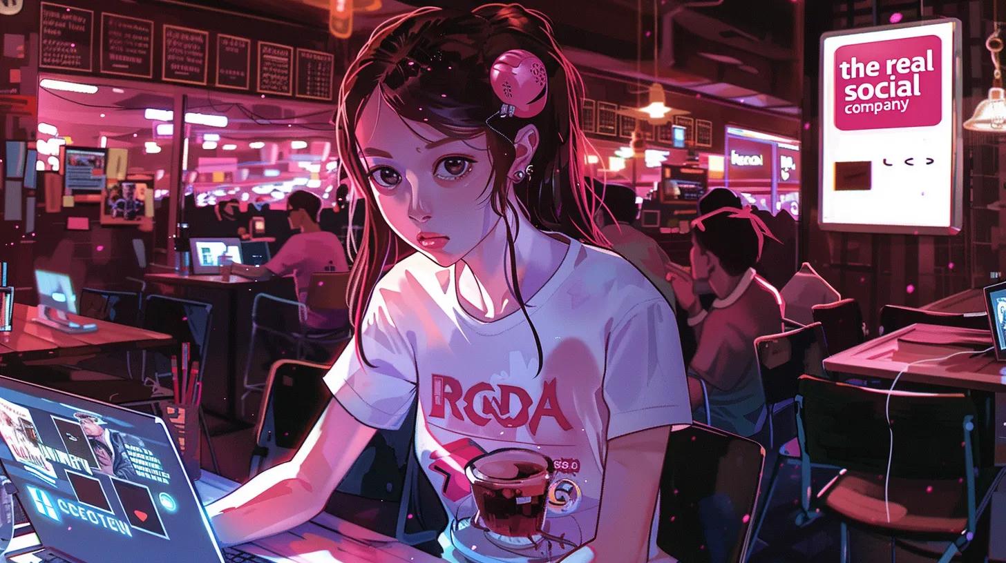 a vibrant anime-style illustration of a focused girl in a bustling coffee shop, surrounded by laptops and social media graphics, embodying the dynamic world of social media management, with her t-shirt that reads - The Real Social Company - Social Media Managment - Web Design a vibrant anime-style illustration of a focused girl in a bustling coffee shop, surrounded by laptops and social media graphics, embodying the dynamic world of social media management, with her t-shirt that reads