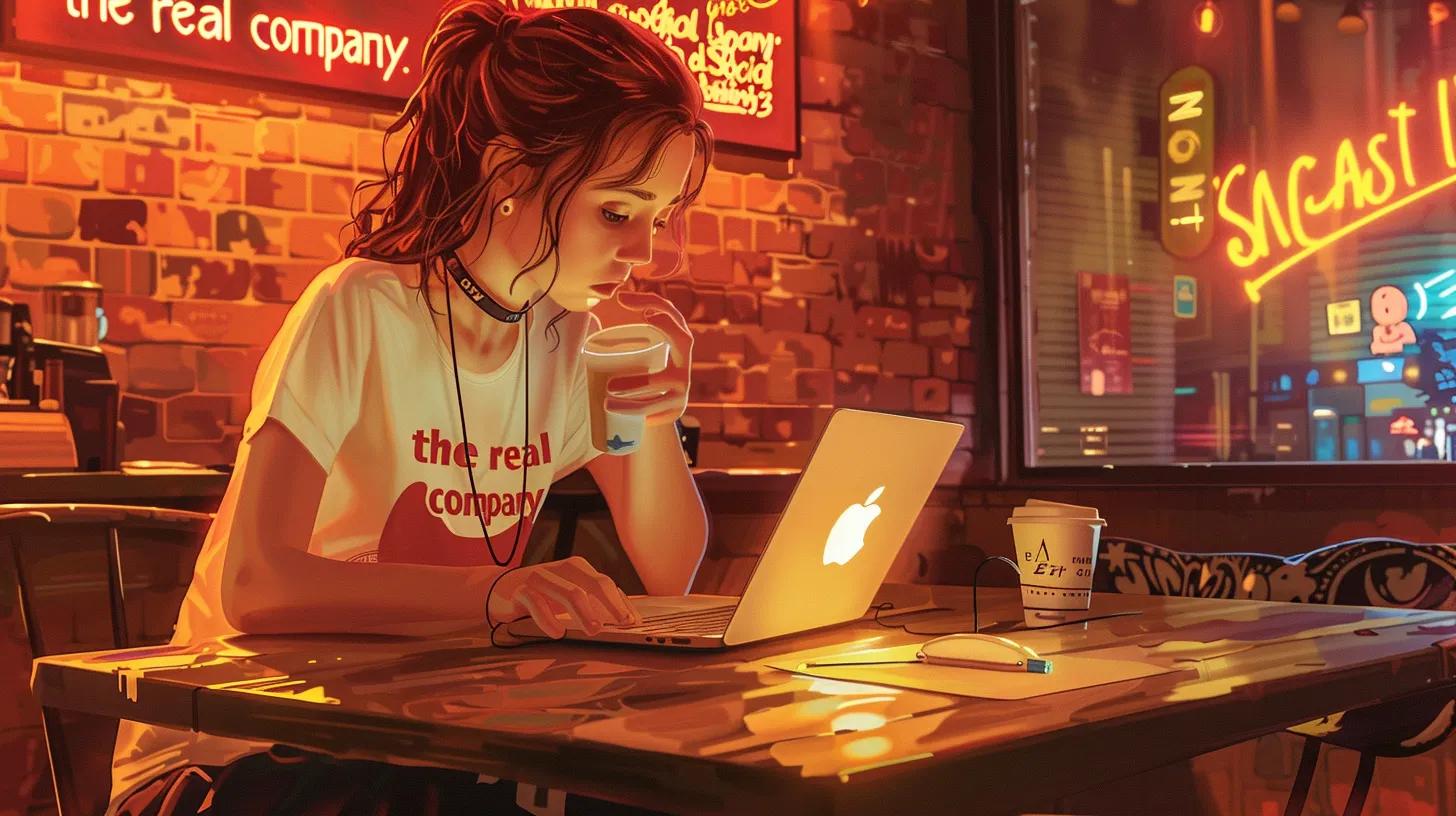 a vibrant anime-style illustration of a focused girl in a bustling coffee shop, intently working on her laptop adorned with a cup of coffee by her side, while wearing a t-shirt that reads - The Real Social Company - Social Media Managment - Web Design a vibrant anime-style illustration of a focused girl in a bustling coffee shop, intently working on her laptop adorned with a cup of coffee by her side, while wearing a t-shirt that reads