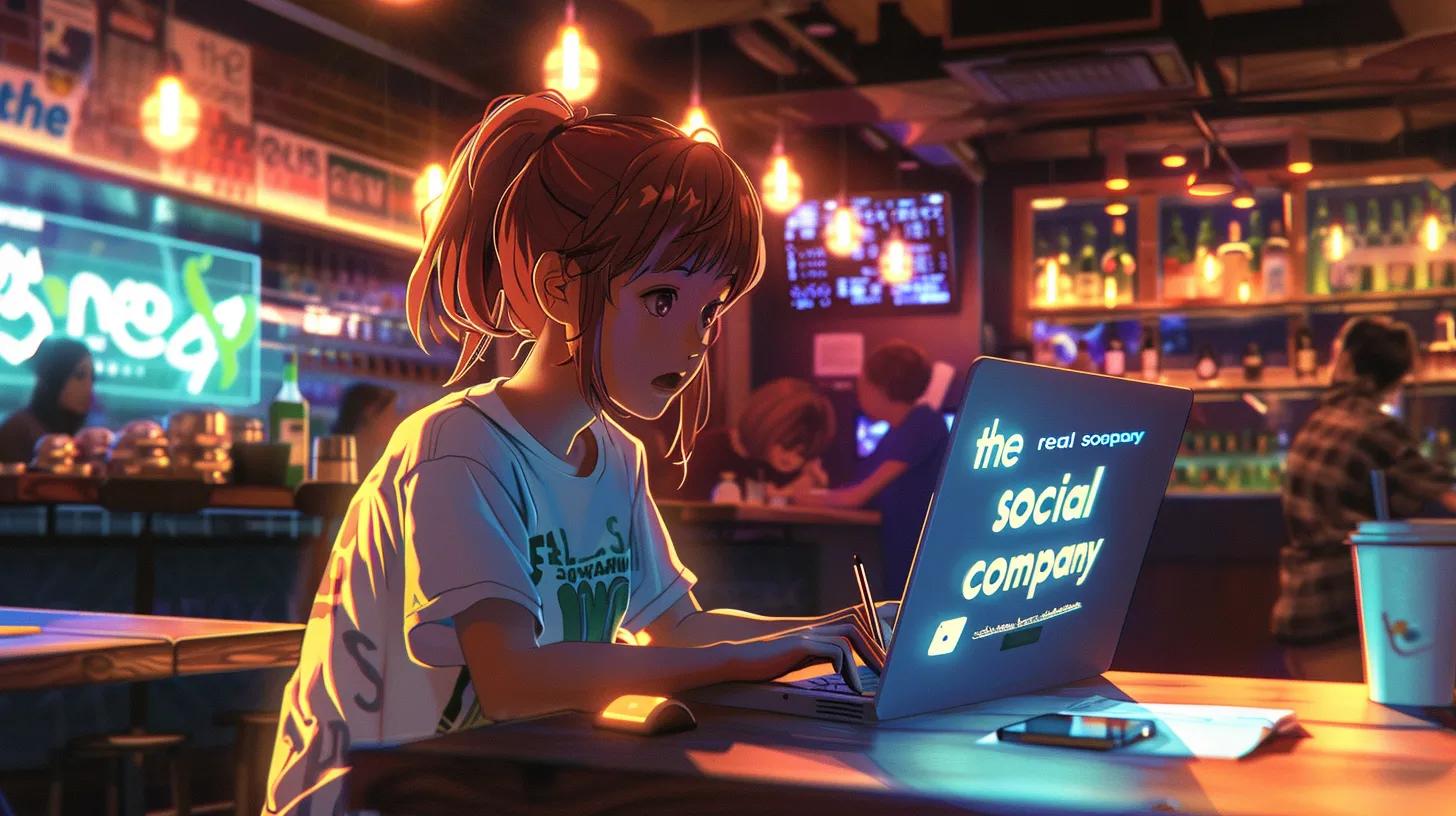 a vibrant anime-style scene of a girl in a modern coffee shop, intently focused on her laptop as she navigates a responsive web design interface, with her t-shirt reading - The Real Social Company - Social Media Managment - Web Design a vibrant anime-style scene of a girl in a modern coffee shop, intently focused on her laptop as she navigates a responsive web design interface, with her t-shirt reading