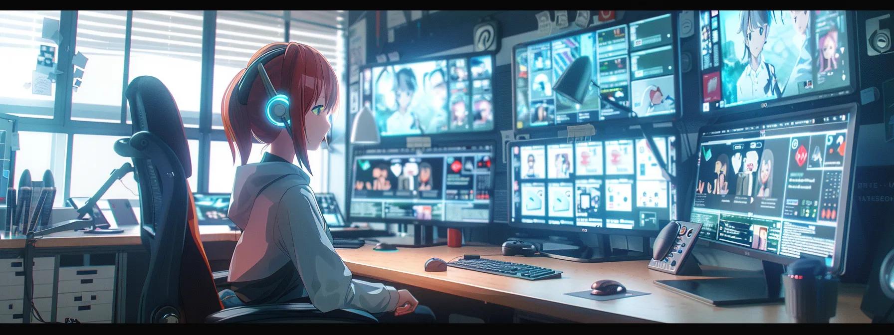 a vibrant anime-style female character sits intently at her sleek desk, surrounded by multiple screens displaying engaging social media metrics and creative designs, emphasizing the impact of curiosity hooks in digital marketing. - The Real Social Company - Columbus Web Design, SEO, Social a vibrant anime-style female character sits intently at her sleek desk, surrounded by multiple screens displaying engaging social media metrics and creative designs, emphasizing the impact of curiosity hooks in digital marketing.
