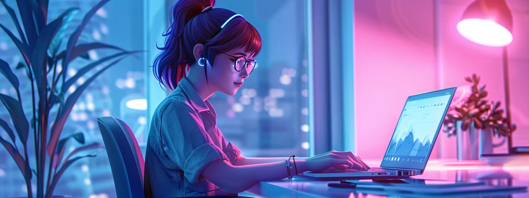a vibrant anime-style female character sits focused at her sleek laptop in a modern, urban office space, crafting bold social media strategies that challenge the status quo and ignite conversation. - The Real Social Company - Columbus Web Design, SEO, Social a vibrant anime-style female character sits focused at her sleek laptop in a modern, urban office space, crafting bold social media strategies that challenge the status quo and ignite conversation.