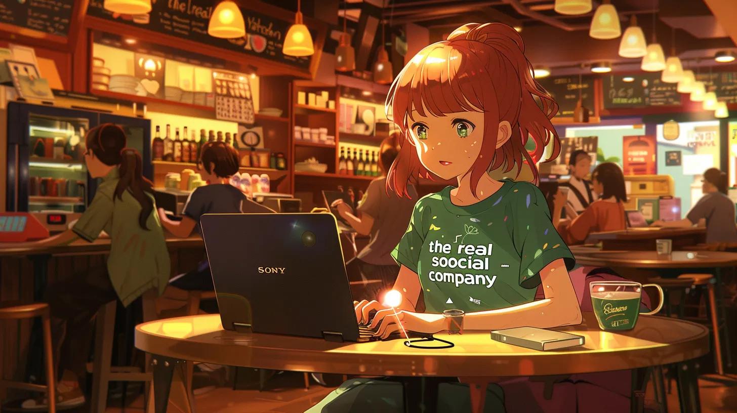 a vibrant anime-style scene of a girl in a bustling coffee shop, focused intently on her laptop as she researches payment gateways, with her t-shirt proudly displaying - The Real Social Company - Columbus Web Design, SEO, Social a vibrant anime-style scene of a girl in a bustling coffee shop, focused intently on her laptop as she researches payment gateways, with her t-shirt proudly displaying