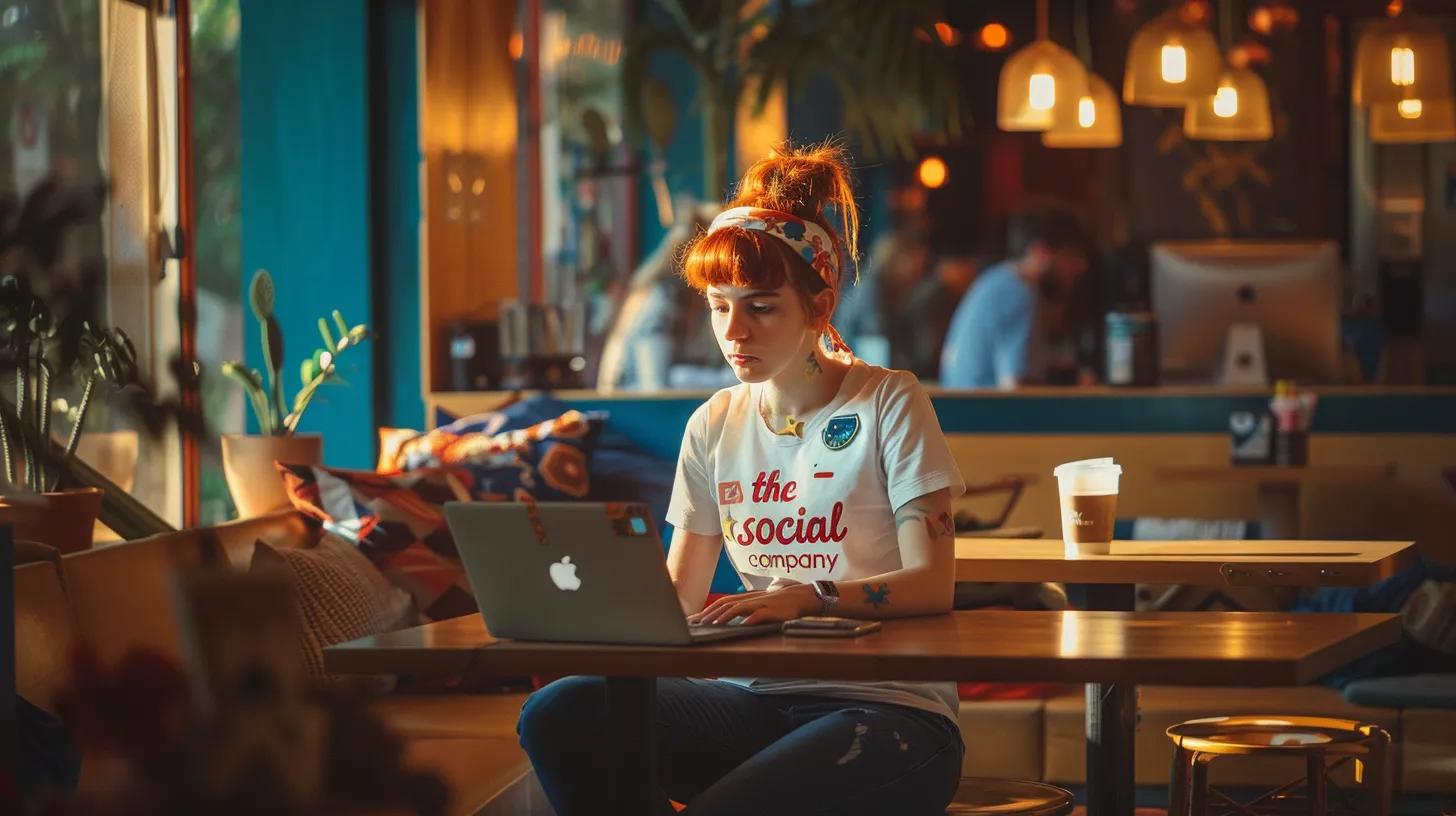 a vibrant coffee shop scene features a focused girl in an anime style, intently working on her laptop while wearing a t-shirt that boldly declares 