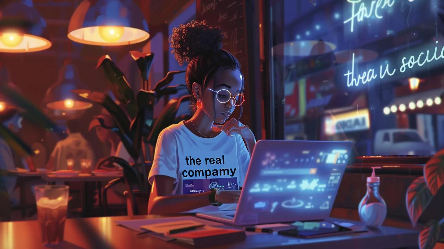 an animated girl sits at a vibrant coffee shop, intently working on her laptop adorned with - The Real Social Company - Social Media Managment - Web Design an animated girl sits at a vibrant coffee shop, intently working on her laptop adorned with