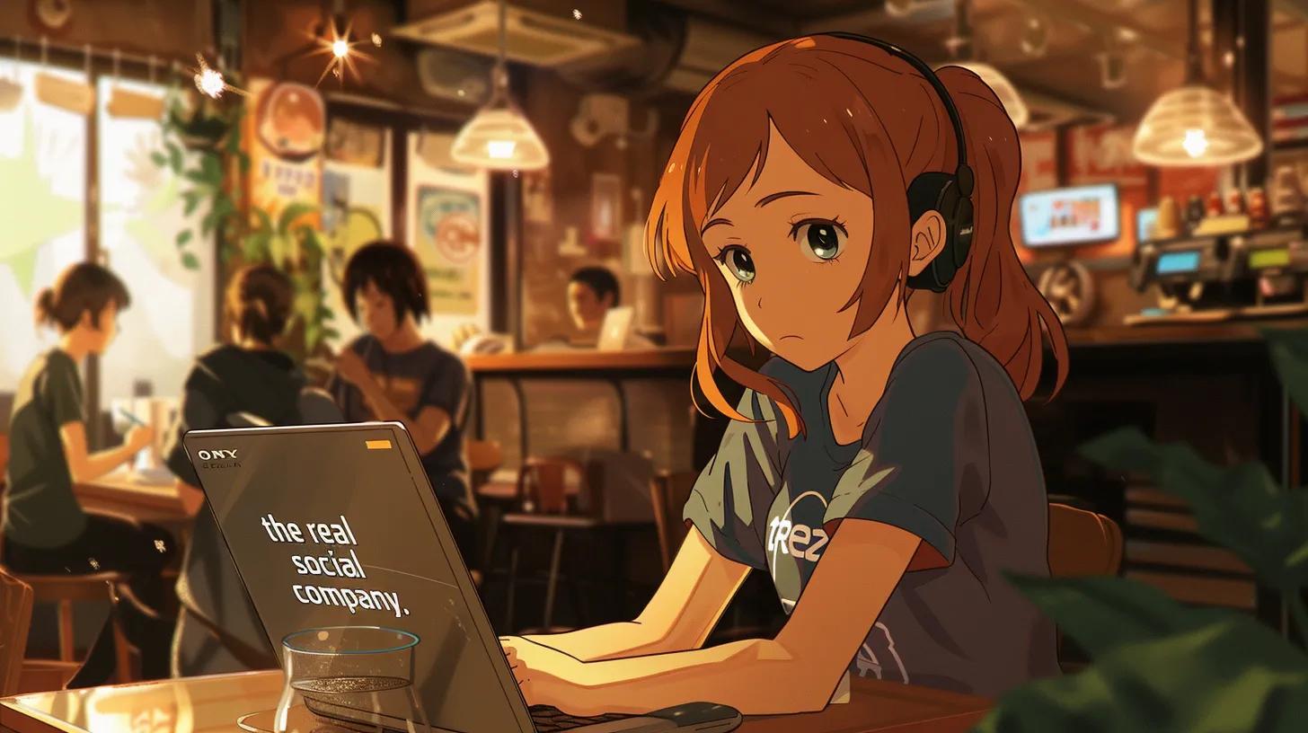 an anime-style scene depicts a focused girl in a bustling coffee shop, intently working on her laptop, with her t-shirt boldly proclaiming - The Real Social Company - Social Media Managment - Web Design an anime-style scene depicts a focused girl in a bustling coffee shop, intently working on her laptop, with her t-shirt boldly proclaiming