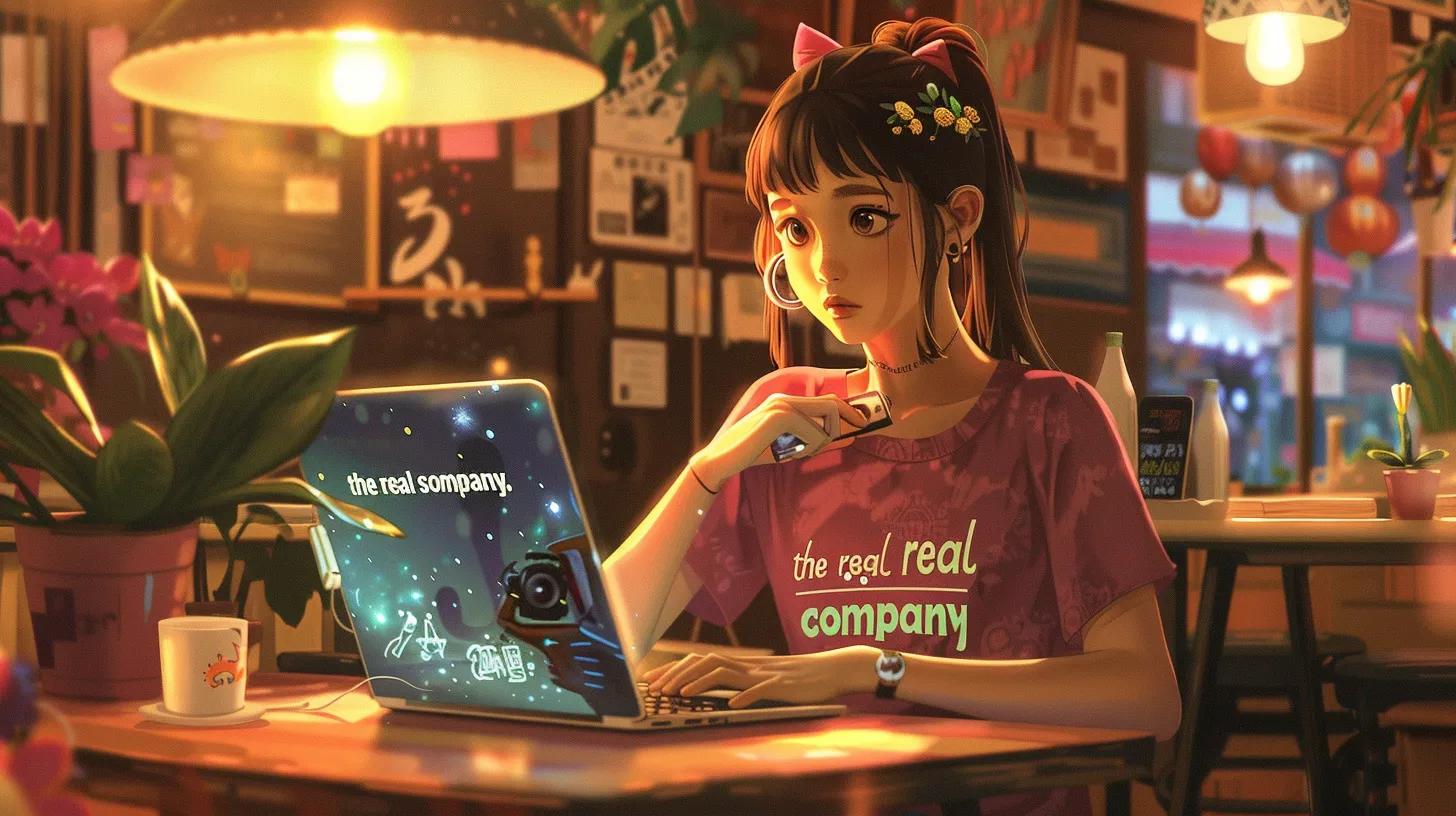 an anime-style girl in a bustling coffee shop intently works on her laptop, surrounded by vibrant urban decor, with her t-shirt boldly proclaiming - The Real Social Company - Social Media Managment - Web Design an anime-style girl in a bustling coffee shop intently works on her laptop, surrounded by vibrant urban decor, with her t-shirt boldly proclaiming