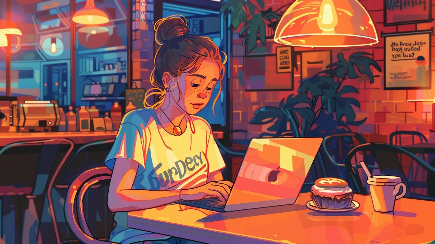 an anime-style illustration of a focused girl in a cozy coffee shop, intently working on her laptop, surrounded by colorful coffee cups and pastries, while her t-shirt proudly displays - The Real Social Company - Columbus Web Design, SEO, Social an anime-style illustration of a focused girl in a cozy coffee shop, intently working on her laptop, surrounded by colorful coffee cups and pastries, while her t-shirt proudly displays