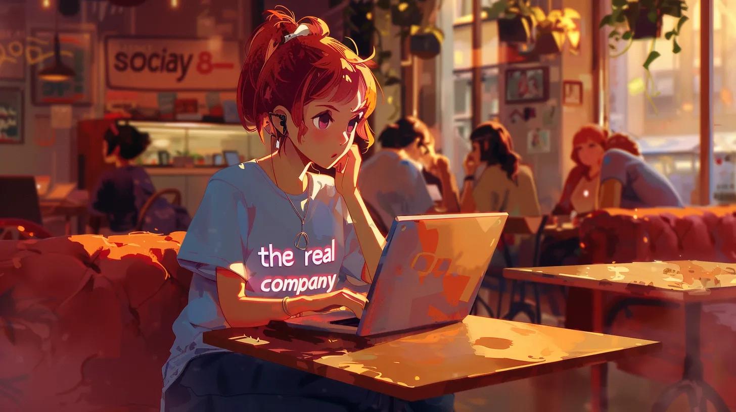 an anime-style girl intently works on her laptop in a contemporary coffee shop, surrounded by sleek furniture and patrons, with her t-shirt boldly proclaiming - The Real Social Company - Social Media Managment - Web Design an anime-style girl intently works on her laptop in a contemporary coffee shop, surrounded by sleek furniture and patrons, with her t-shirt boldly proclaiming