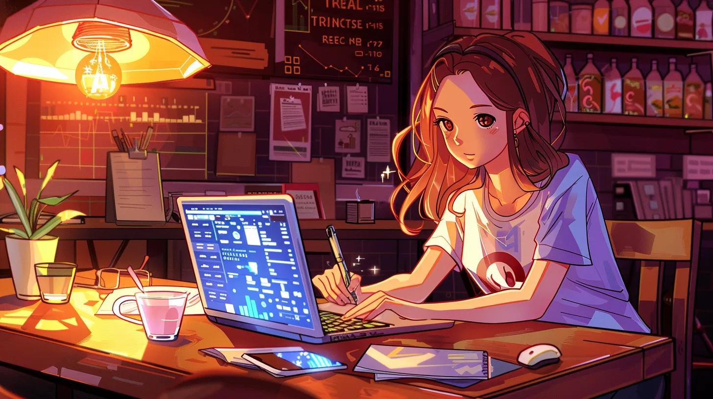 an anime-style illustration of a focused girl in a cozy coffee shop, intently working on her laptop, surrounded by charts and analytics reports displayed on the screen, with her t-shirt boldly stating - The Real Social Company - Social Media Managment - Web Design an anime-style illustration of a focused girl in a cozy coffee shop, intently working on her laptop, surrounded by charts and analytics reports displayed on the screen, with her t-shirt boldly stating