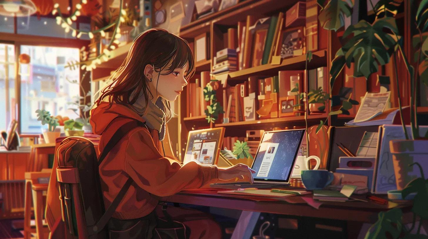 an anime-style image of a young woman in a cozy coffee shop, intently working on her laptop, surrounded by design sketches and color palettes that reflect her focus on responsive web design for local businesses. - The Real Social Company - Social Media Managment - Web Design an anime-style image of a young woman in a cozy coffee shop, intently working on her laptop, surrounded by design sketches and color palettes that reflect her focus on responsive web design for local businesses.
