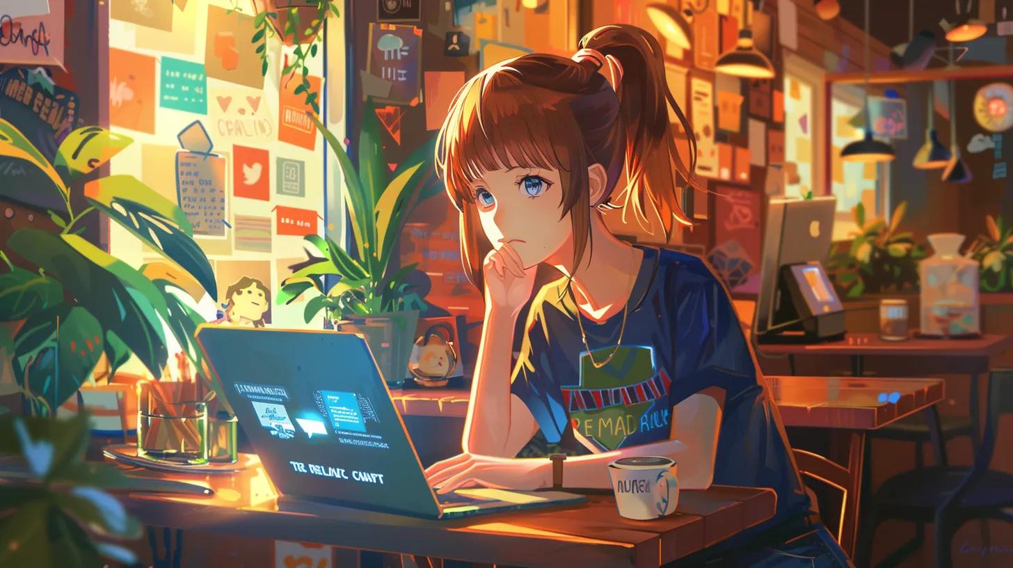 an anime-style girl sits at a cozy coffee shop, intently working on her laptop, surrounded by colorful notes and graphs related to social media strategy, wearing a t-shirt that reads - The Real Social Company - Social Media Managment - Web Design an anime-style girl sits at a cozy coffee shop, intently working on her laptop, surrounded by colorful notes and graphs related to social media strategy, wearing a t-shirt that reads