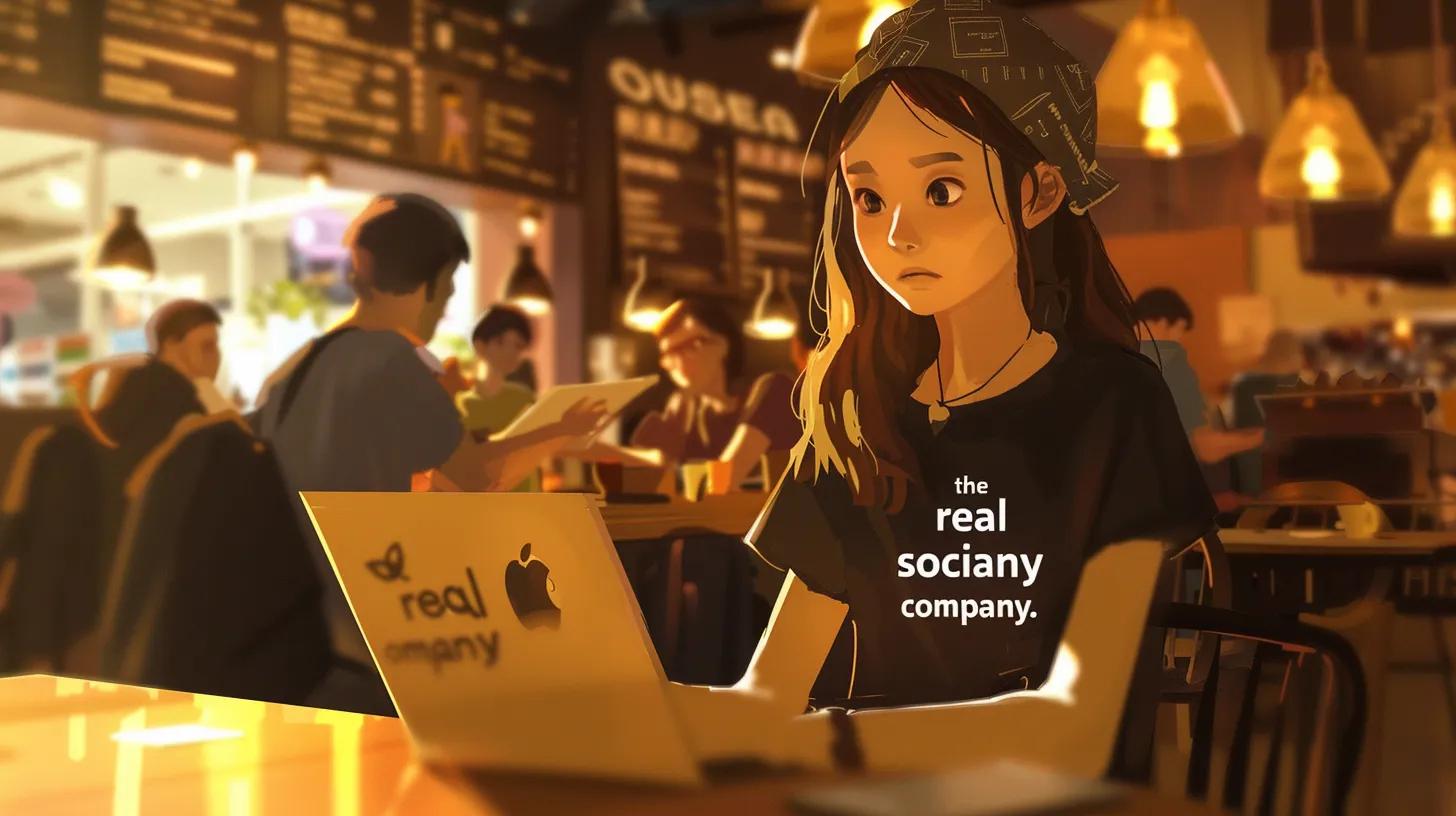 an anime-style scene features a focused young woman in a bustling coffee shop, intently working on her laptop, wearing a playful t-shirt that reads - The Real Social Company - Social Media Managment - Web Design an anime-style scene features a focused young woman in a bustling coffee shop, intently working on her laptop, wearing a playful t-shirt that reads