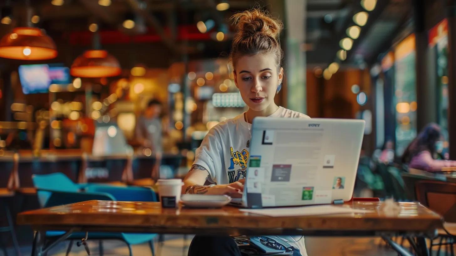 a focused girl with vibrant anime features sits at a sleek café table in a modern coffee shop, intently working on her laptop, with a digital interface showcasing responsive web designs in the background, while her t-shirt boldly proclaims - The Real Social Company - Social Media Managment - Web Design a focused girl with vibrant anime features sits at a sleek café table in a modern coffee shop, intently working on her laptop, with a digital interface showcasing responsive web designs in the background, while her t-shirt boldly proclaims