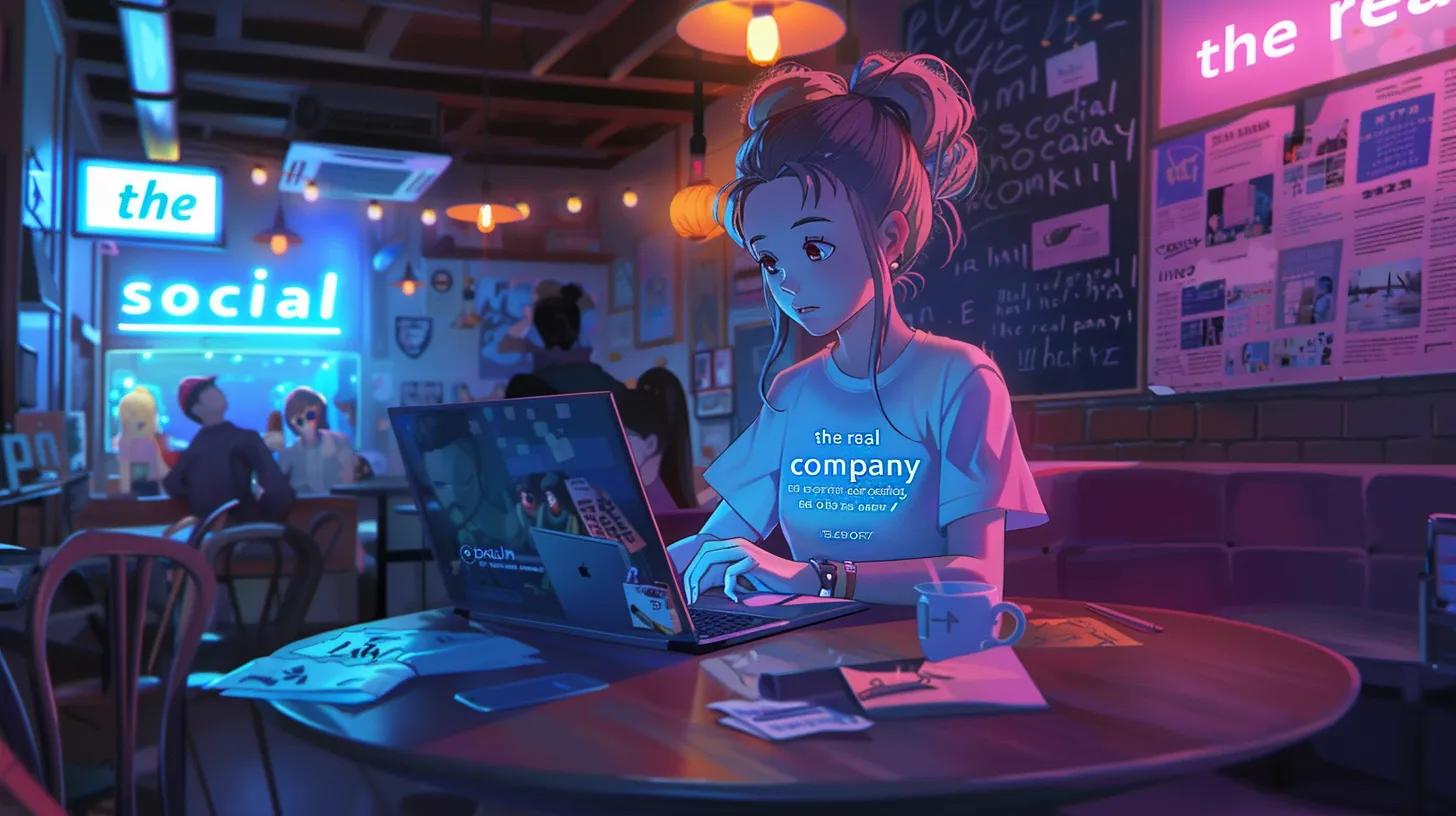 in a bustling coffee shop, a focused anime-style girl types intently on her laptop, her t-shirt emblazoned with - The Real Social Company - Social Media Managment - Web Design in a bustling coffee shop, a focused anime-style girl types intently on her laptop, her t-shirt emblazoned with