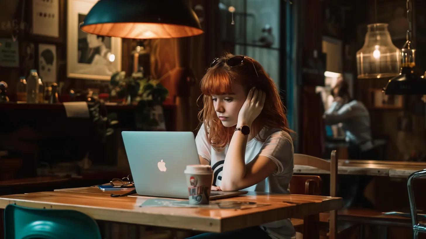 in a bustling coffee shop, a focused girl with an anime-inspired aesthetic sits at a wooden table, immersed in her laptop as she strategizes web design and seo integration, her t-shirt boldly stating - The Real Social Company - Columbus Web Design, SEO, Social in a bustling coffee shop, a focused girl with an anime-inspired aesthetic sits at a wooden table, immersed in her laptop as she strategizes web design and seo integration, her t-shirt boldly stating