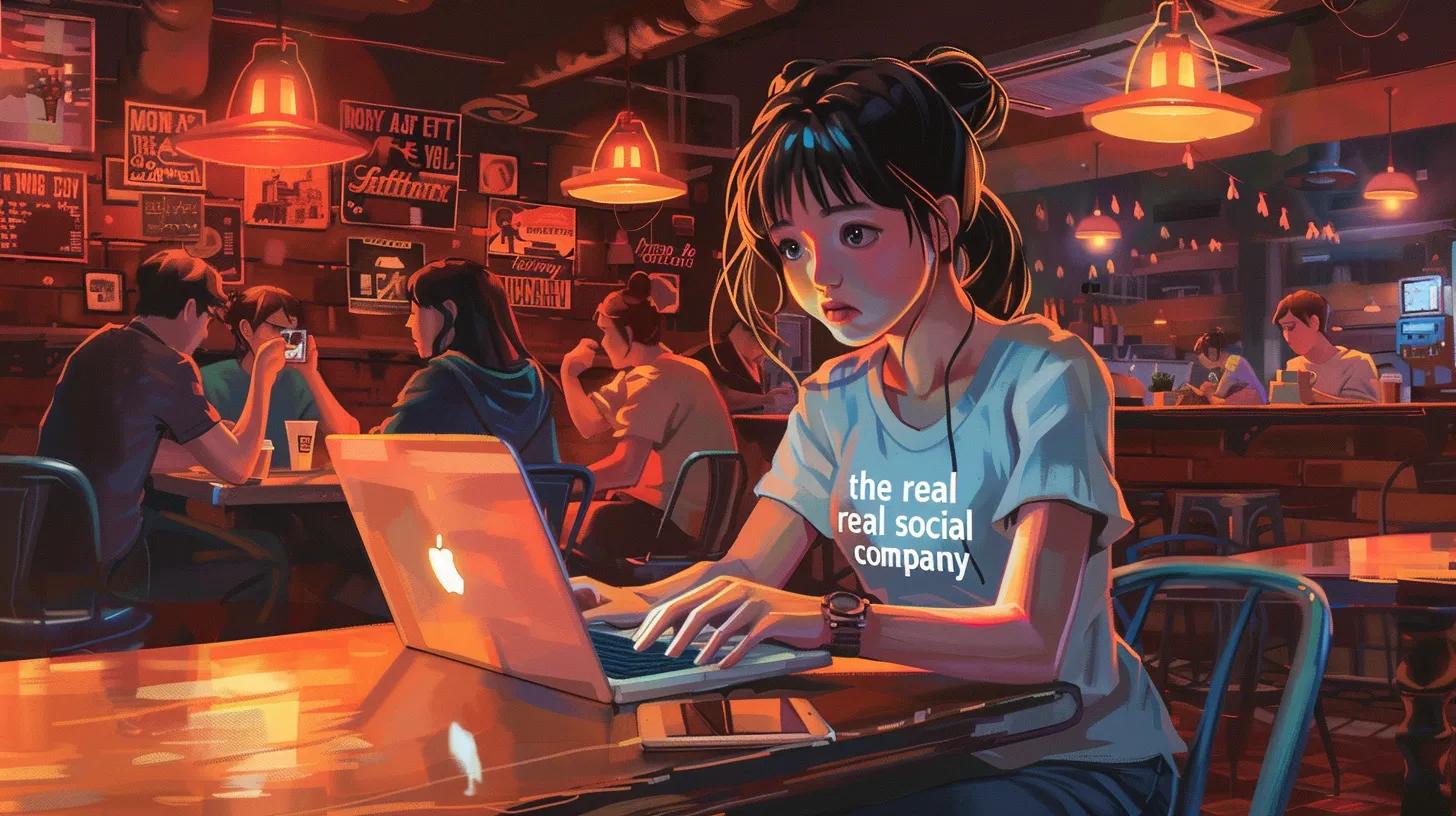 in a bustling coffee shop, an anime-style girl intently types on her laptop, surrounded by the vibrant buzz of patrons, her t-shirt boldly proclaiming 