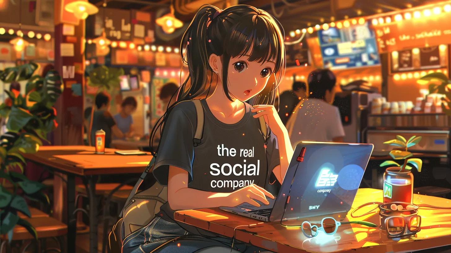 in a bustling coffee shop, an anime-style girl focused on her laptop embodies the essence of social media management, sporting a t-shirt that reads - The Real Social Company - Social Media Managment - Web Design in a bustling coffee shop, an anime-style girl focused on her laptop embodies the essence of social media management, sporting a t-shirt that reads
