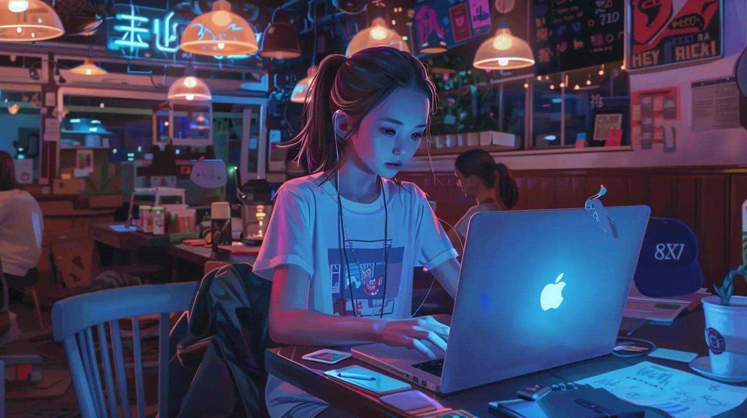 in a bustling coffee shop, an anime-style girl focused on her laptop symbolizes modern web design, surrounded by trendy decor that reflects accessibility and inclusivity in digital spaces, with her t-shirt boldly displaying - The Real Social Company - Columbus Web Design, SEO, Social in a bustling coffee shop, an anime-style girl focused on her laptop symbolizes modern web design, surrounded by trendy decor that reflects accessibility and inclusivity in digital spaces, with her t-shirt boldly displaying