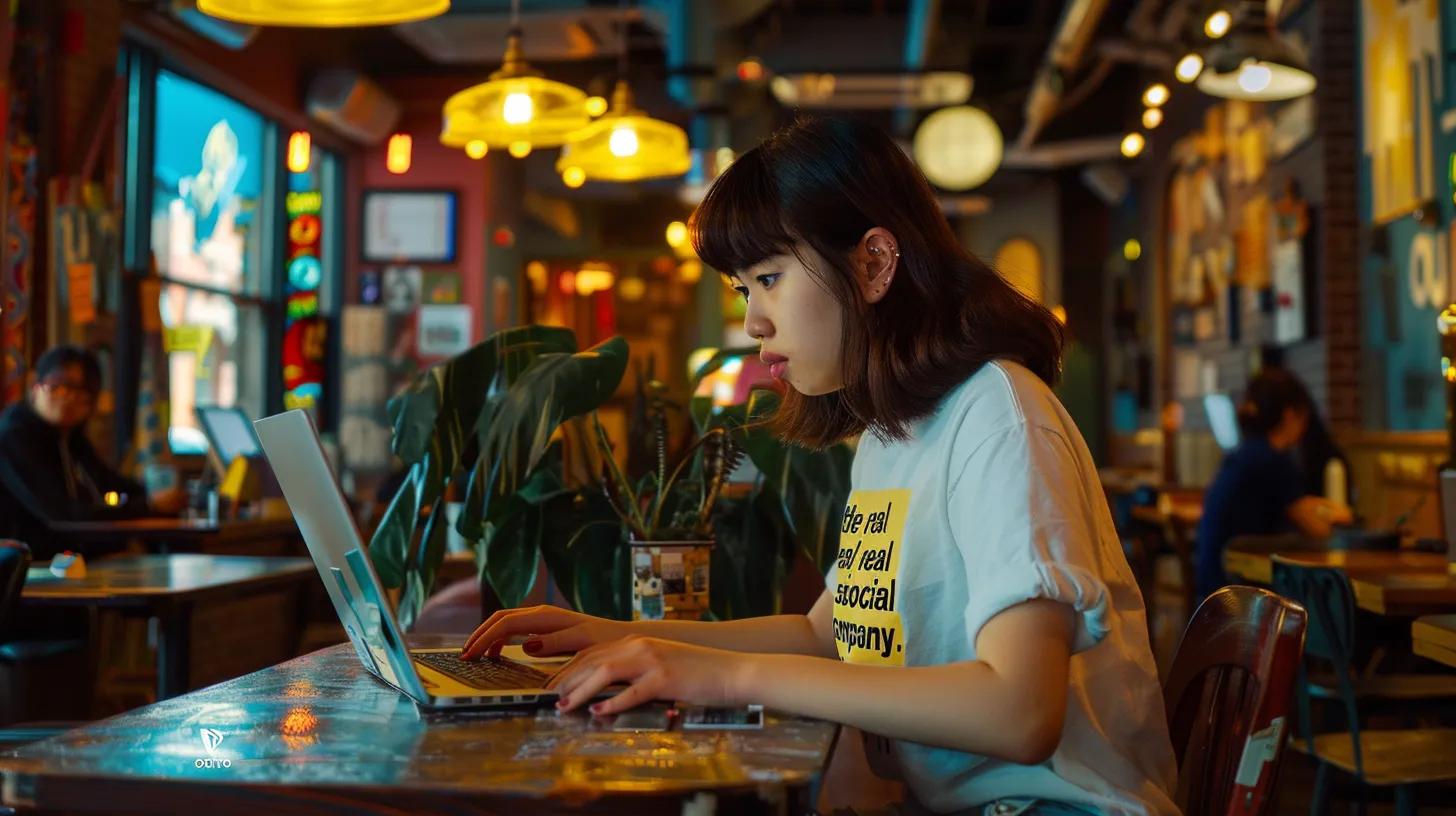 in a bustling coffee shop in columbus, an anime-style girl intently works on her laptop, surrounded by vibrant decor, her shirt proudly displaying - The Real Social Company - Social Media Managment - Web Design in a bustling coffee shop in columbus, an anime-style girl intently works on her laptop, surrounded by vibrant decor, her shirt proudly displaying