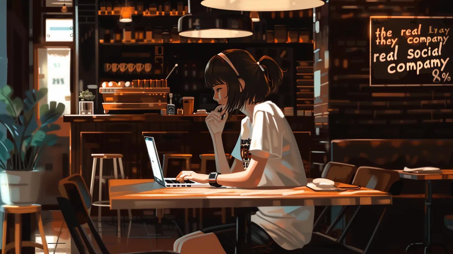 in a bustling urban coffee shop, a focused girl with vibrant anime features sits at a sleek wooden table, intently typing on her laptop, wearing a t-shirt emblazoned with - The Real Social Company - Social Media Managment - Web Design in a bustling urban coffee shop, a focused girl with vibrant anime features sits at a sleek wooden table, intently typing on her laptop, wearing a t-shirt emblazoned with