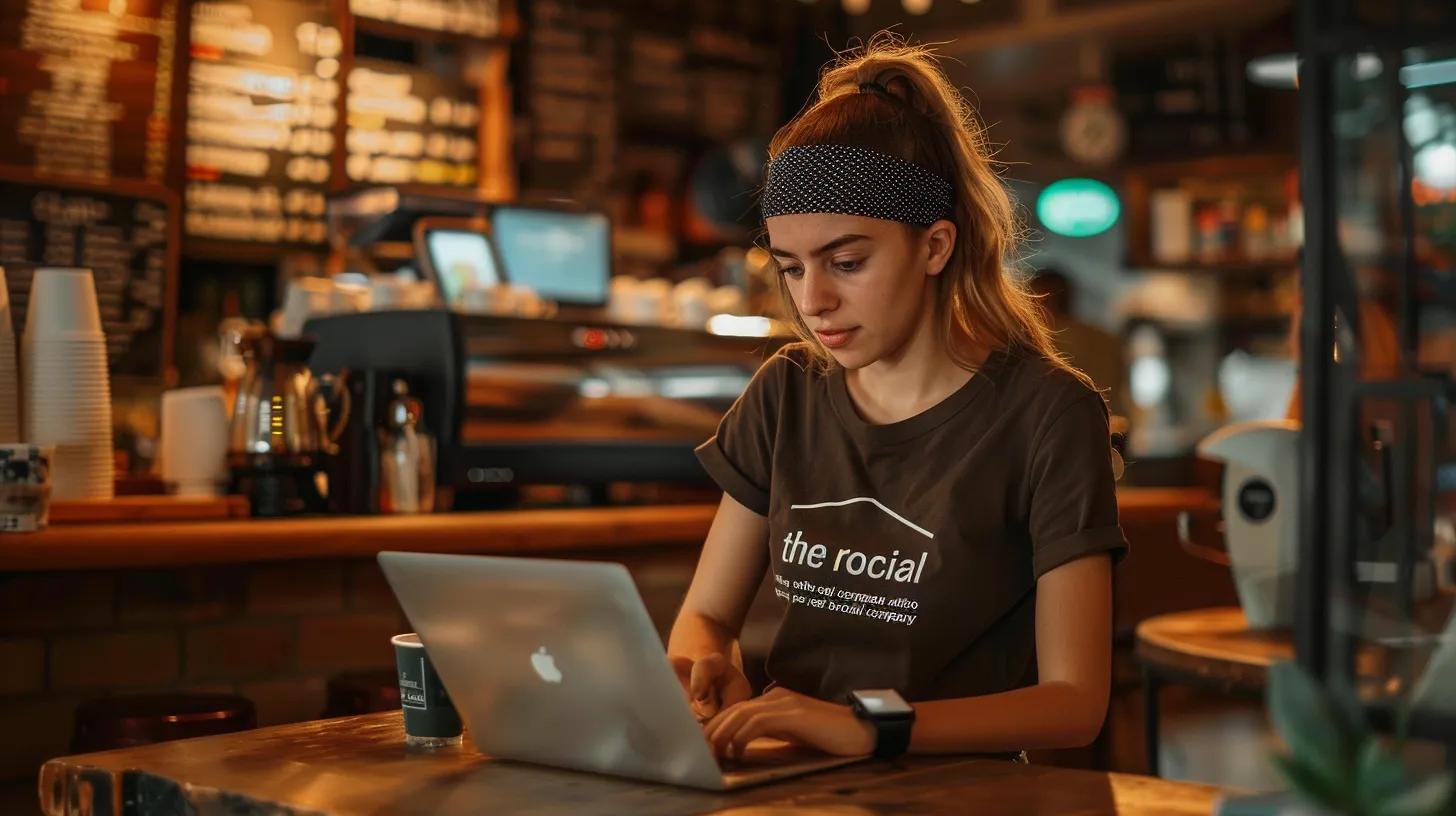 in a bustling urban coffee shop, a focused girl in a casual t-shirt featuring - The Real Social Company - Social Media Managment - Web Design in a bustling urban coffee shop, a focused girl in a casual t-shirt featuring