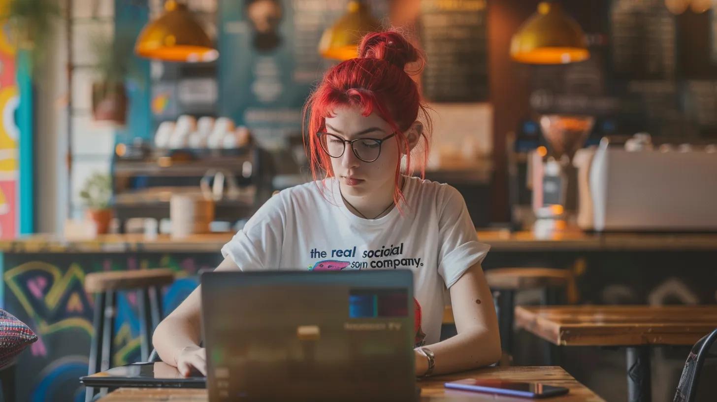 in a chic coffee shop setting in columbus, an anime-style girl with vibrant hair is intently focused on her laptop, wearing a t-shirt that reads - The Real Social Company - Social Media Managment - Web Design in a chic coffee shop setting in columbus, an anime-style girl with vibrant hair is intently focused on her laptop, wearing a t-shirt that reads