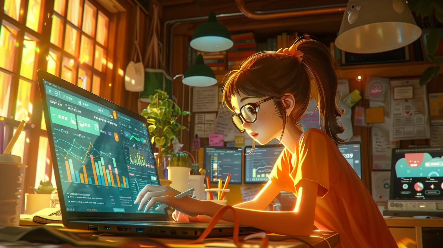 in a cozy coffee shop, an anime-style girl energetically works on her laptop, surrounded by vibrant charts and graphs glowing on the screen, embodying the spirit of socialspark's commitment to flexible pricing and roi through dynamic performance metrics. - The Real Social Company - Social Media Managment - Web Design in a cozy coffee shop, an anime-style girl energetically works on her laptop, surrounded by vibrant charts and graphs glowing on the screen, embodying the spirit of socialspark's commitment to flexible pricing and roi through dynamic performance metrics.